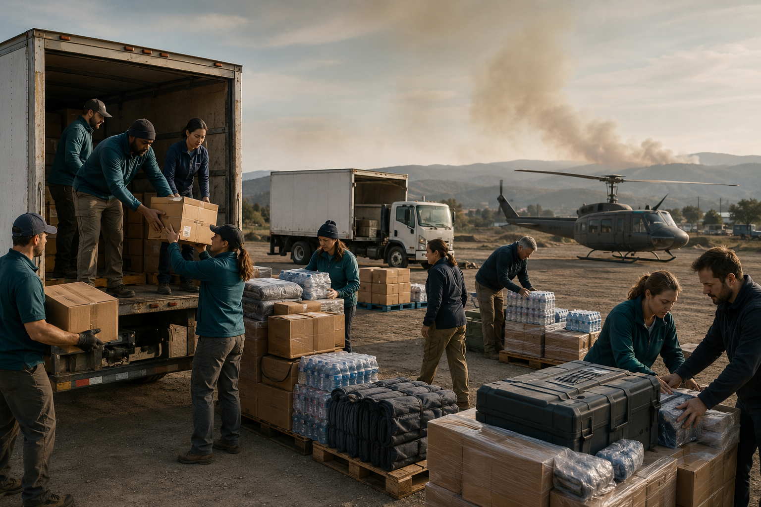 A disaster response team unloading relief supplies near air and ground transportation