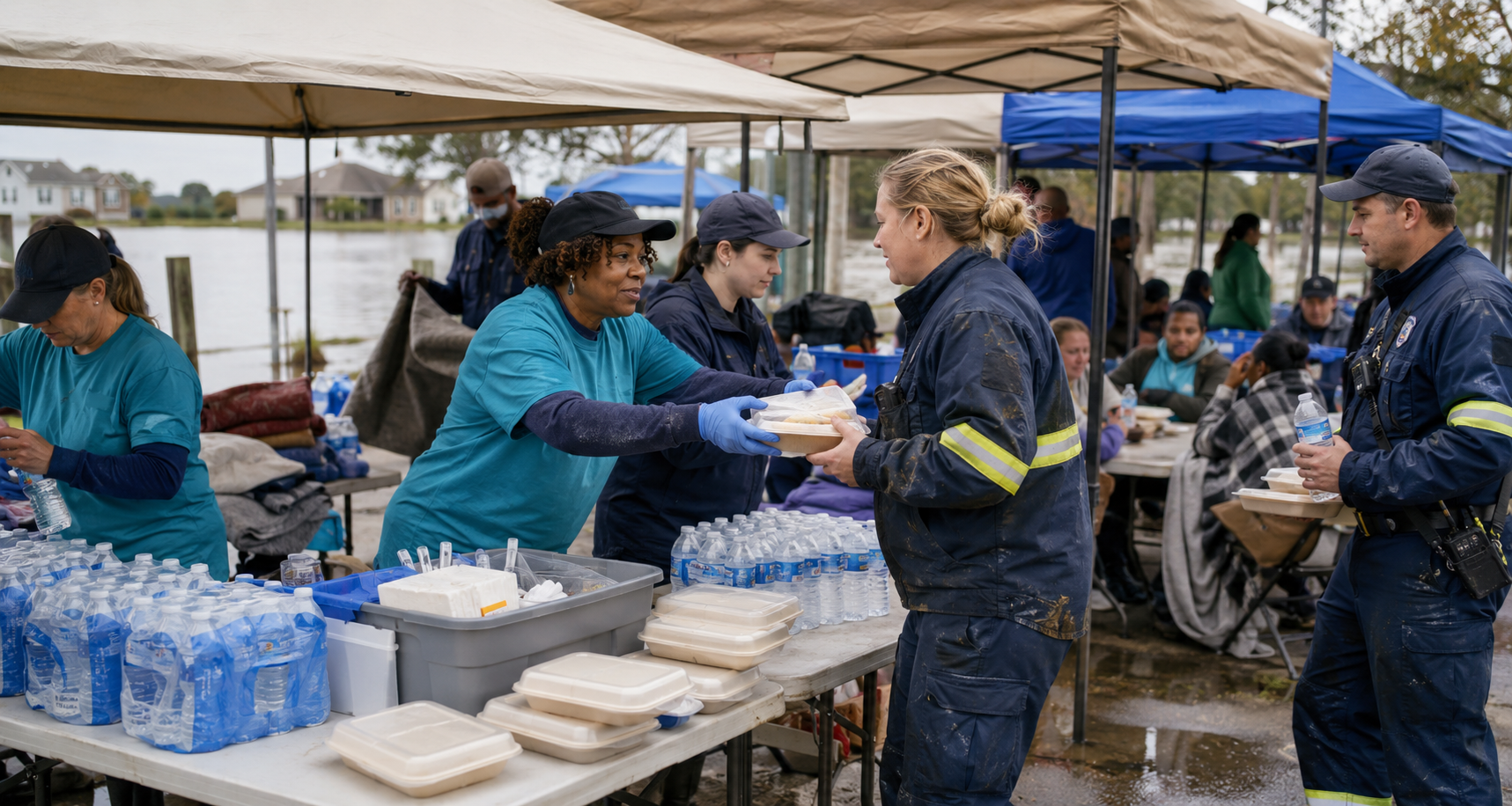 Relief volunteers operating a safety camp for first responders and families