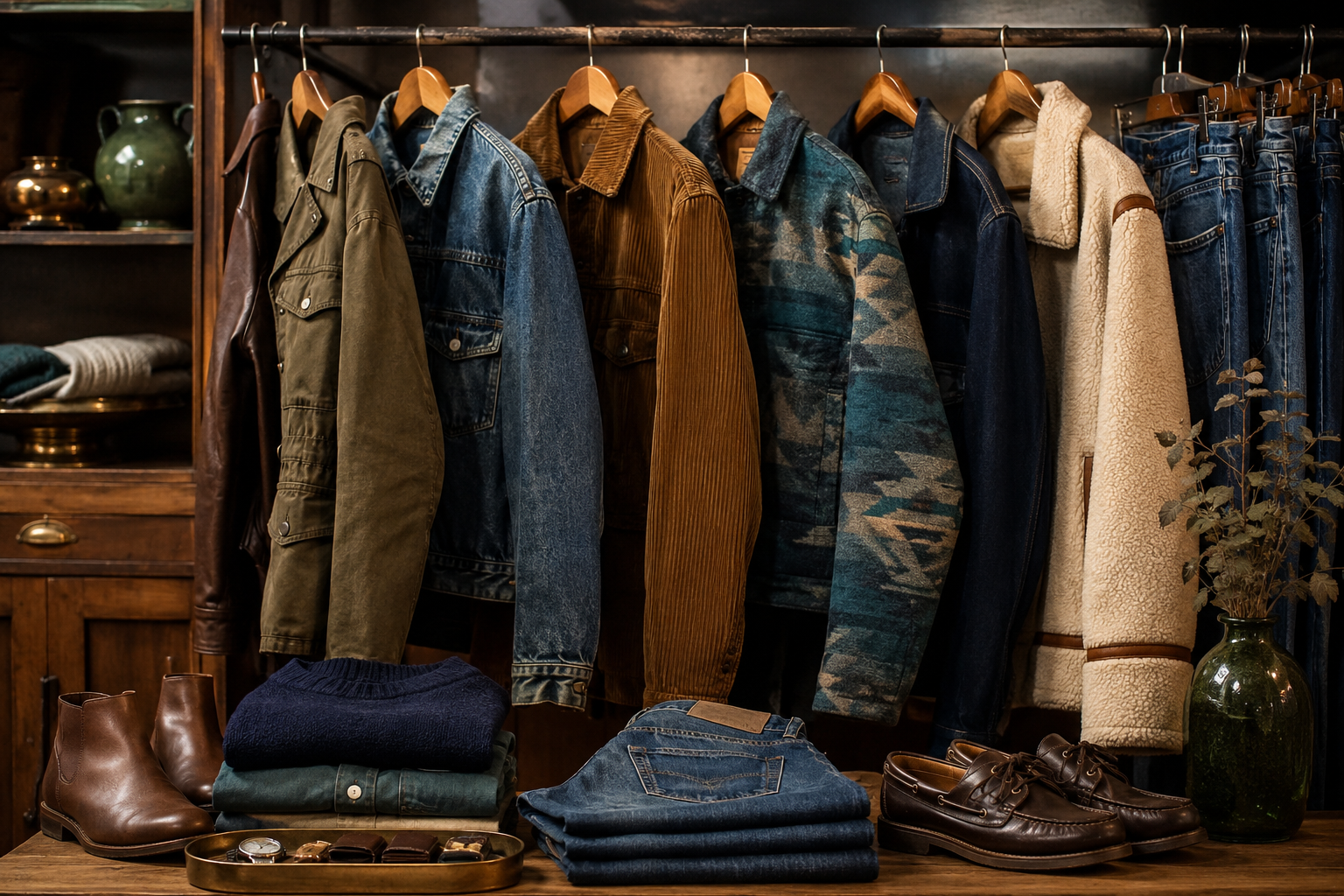 A curated collection of vintage clothing, denim, shoes, and accessories