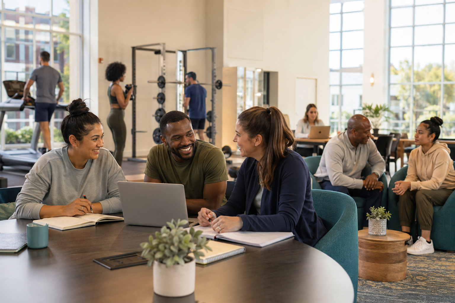 Students learning, exercising, and meeting with a coach in a campus commons