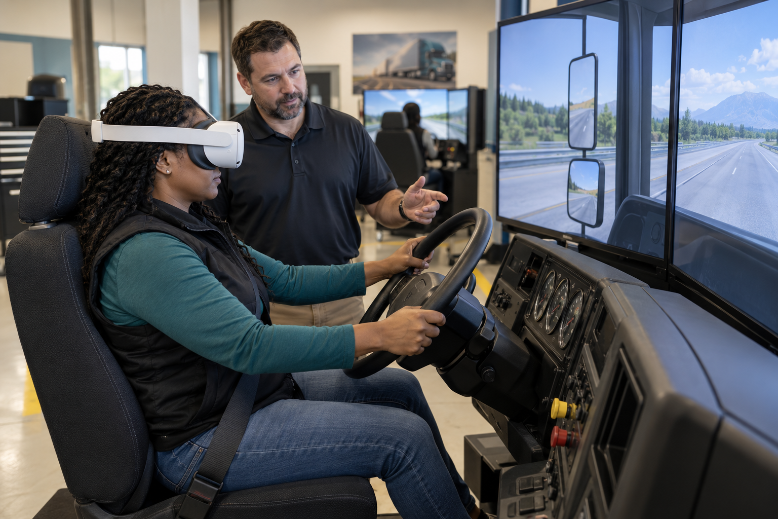 A student practicing commercial driving skills in a virtual reality simulator with an instructor